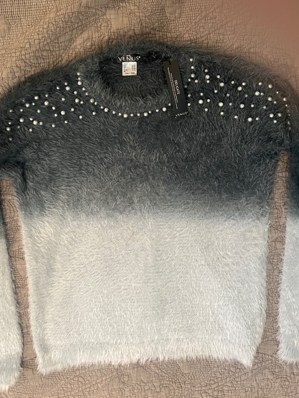 Venus Ombré Pearls on a Gray to White Eyelash Fuzzy Festive NWOT Sweater Size S